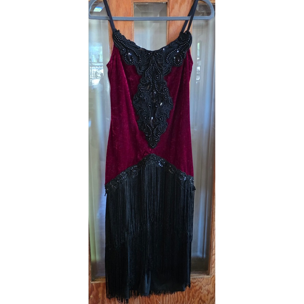 Dreamgirl vtg Flapper Dress Med Burgundy Velvet Beaded Fringe 1920s Great Gatsby - Picture 2 of 14